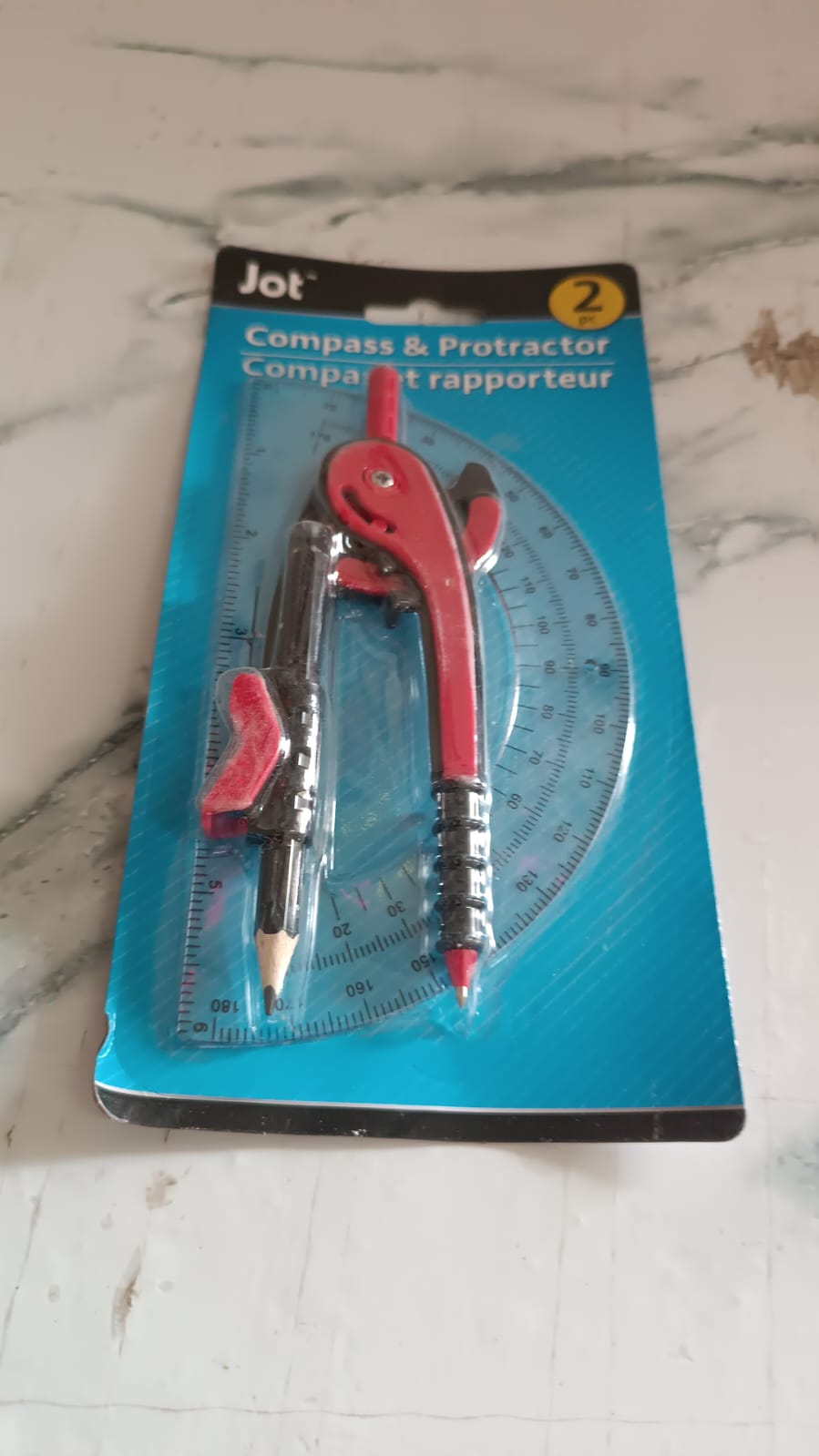 2 Pc Geometry Set – Built-in Pencil Grip & Transparent Plastic Protractor